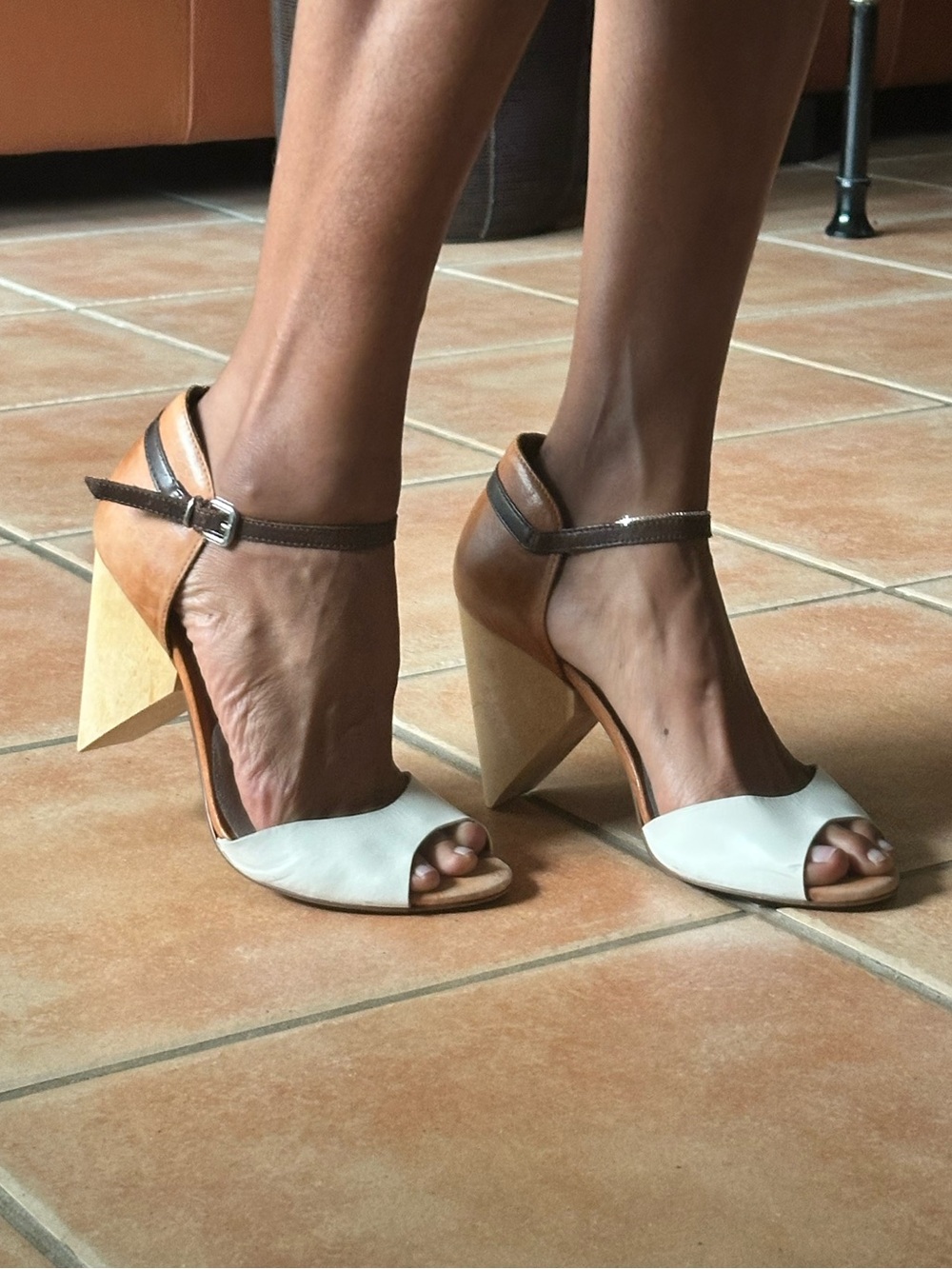 Two-Tone White and Tan Geometric Block Heel Sandals